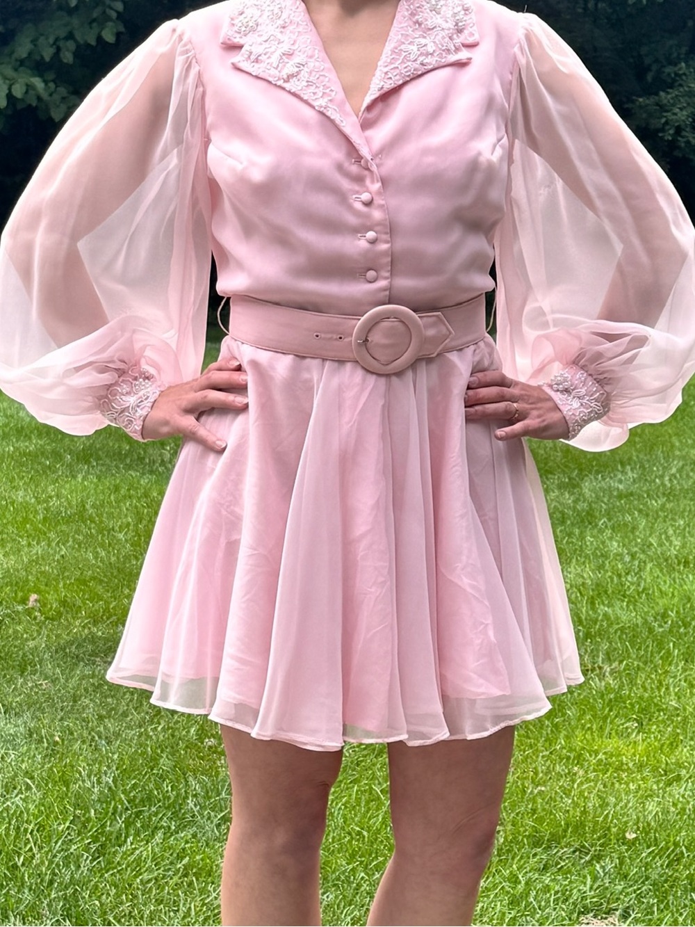 Vintage 1970’s Miss Elliette Pink Beaded Chiffon Dress - has original store tag!